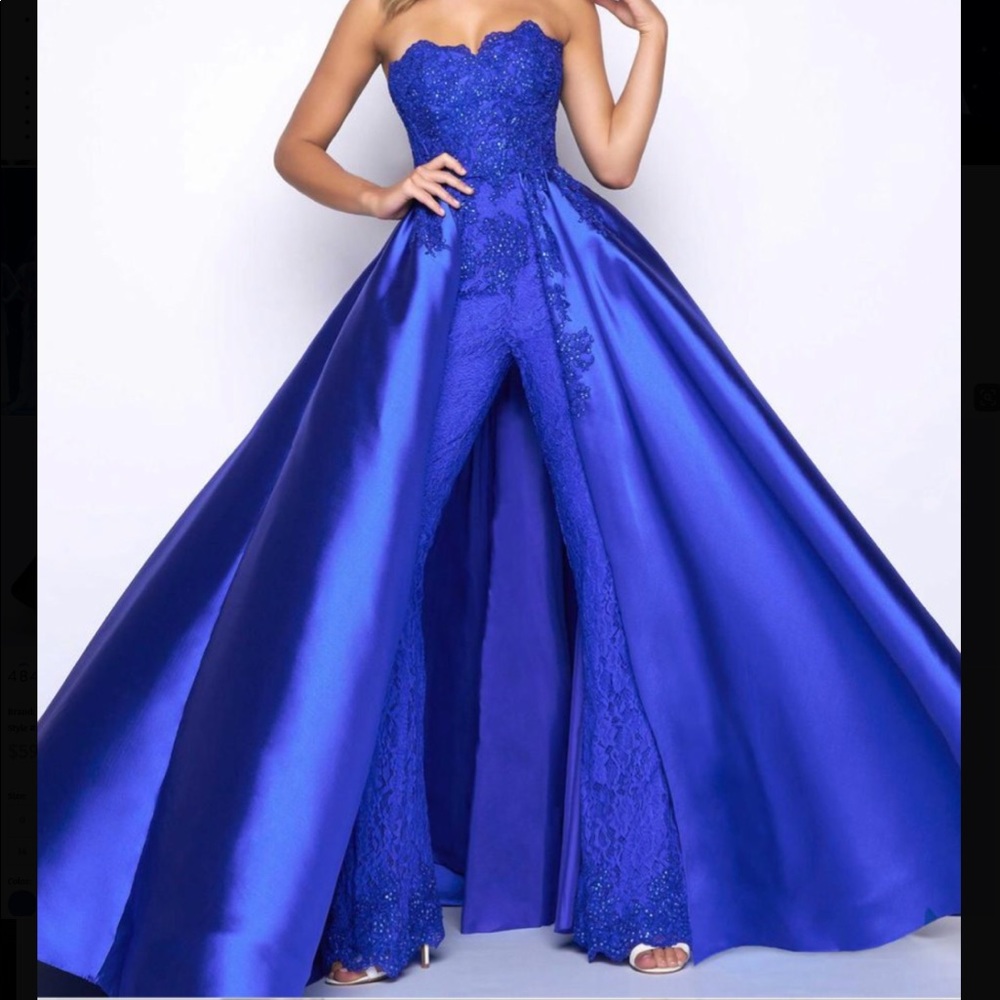 Mac Duggal 
Lace and bead jumpsuit with skirt.